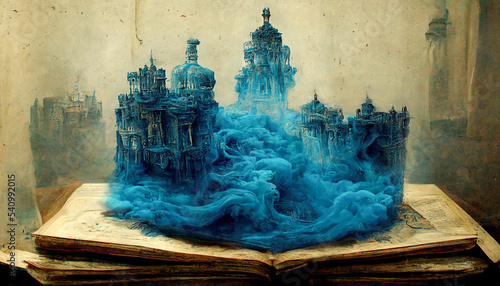 AI generated image of a fairytale castle made of blue vapor emanating from a fairy-tale book