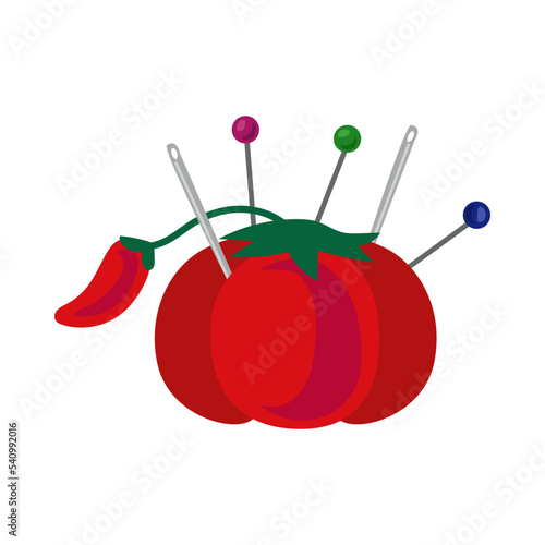 Tomato needle bed with colorful pins and needles vector illustration. Cartoon doodle of tool for needlework. Pins and needles isolated on white background. Fashion, embroidery concept