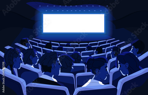 Cinema with audience watching movie on empty blank white screen mockup. Back view of film viewers, spectators sitting in chairs in video theater. People, public at premiere. Flat vector illustration