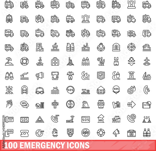 100 emergency icons set. Outline illustration of 100 emergency icons vector set isolated on white background