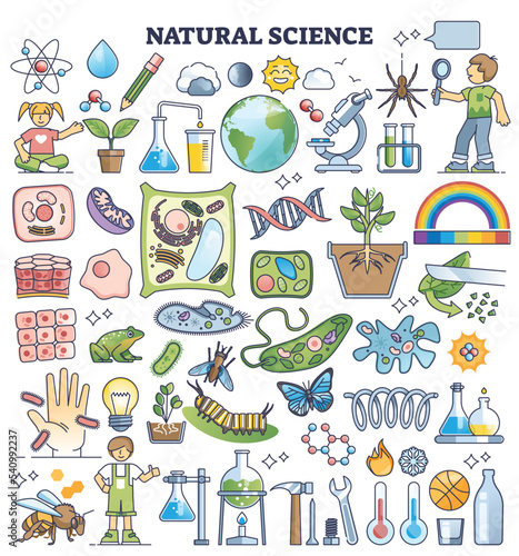 Natural science kids elements with biology subjects outline collection set. Young nature explorer and scientific research items for class experiments and knowledge development vector illustration.