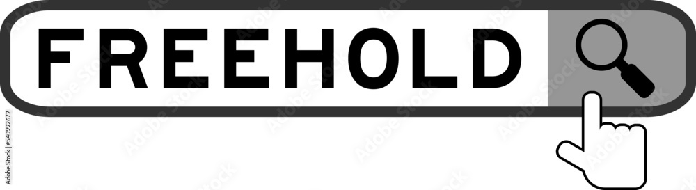 Search banner in word freehold with hand over magnifier icon on white background Search banner in word freehold with hand over magnifier icon on white background