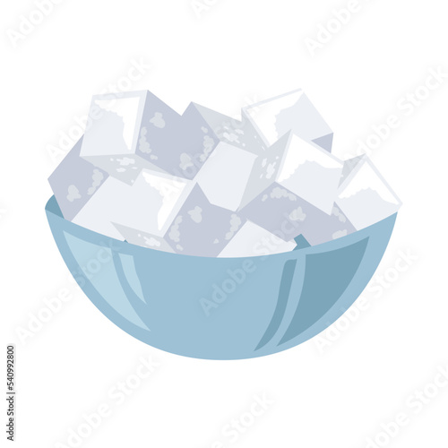 Bowl of white cube sugar. Blue bowl with sugar blocks. Vector illustration isolated in white background. Sweet food, sucrose concept.