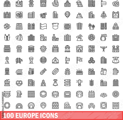 100 europe icons set. Outline illustration of 100 europe icons vector set isolated on white background