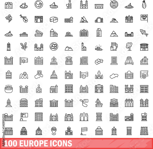 100 europe icons set. Outline illustration of 100 europe icons vector set isolated on white background