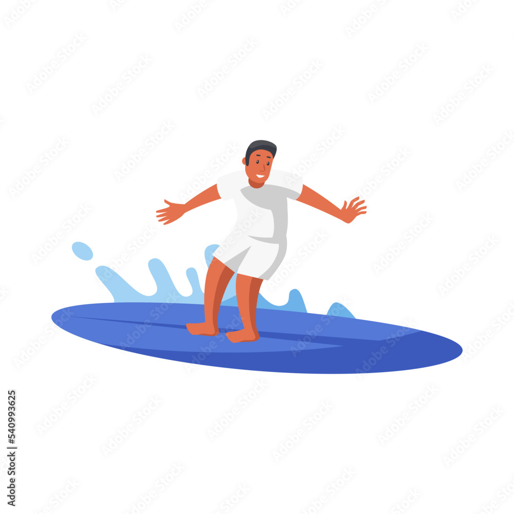 Tanned man riding surfboard on white background. Male character surfing, water sport cartoon vector illustration. Summer leisure, recreational ocean outdoor activities concept