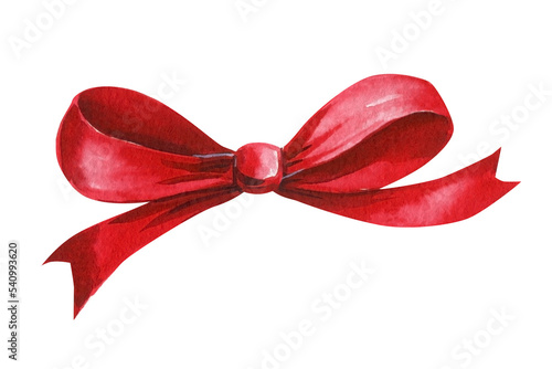 Red bow on isolated white background, watercolor illustration.