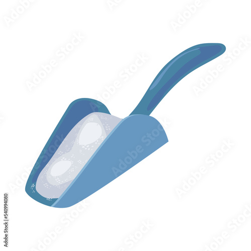 Scoop with granulated sugar. Heap of white sugar in scoop. Vector illustration isolated in white background. Sweet food, sucrose concept.