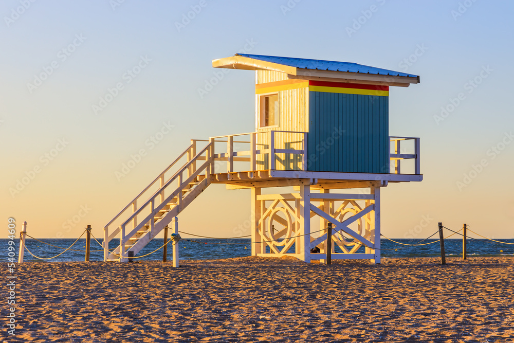 Deauville seaside resort. Beach and lifeguard house. Normandy, France.