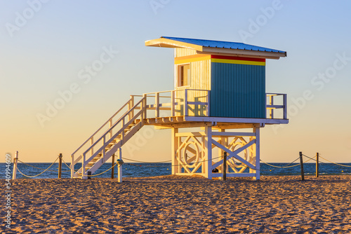 Deauville seaside resort. Beach and lifeguard house. Normandy, France. photo