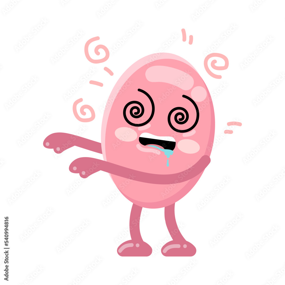 Fototapeta premium Abstract cute geometric oval character being hypnotized. Vector illustration of face with hypnotized eyes and open mouth. Cartoon oval isolated on white. Education, emoji concept