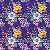 Beautiful blooming flowers design on purple color background seamless pattern.