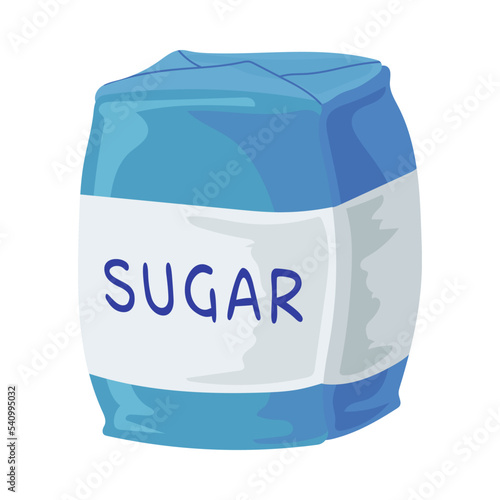 Pack of sugar. Paper bag with sugar. Vector illustration isolated in white background. Sweet food, sucrose concept.