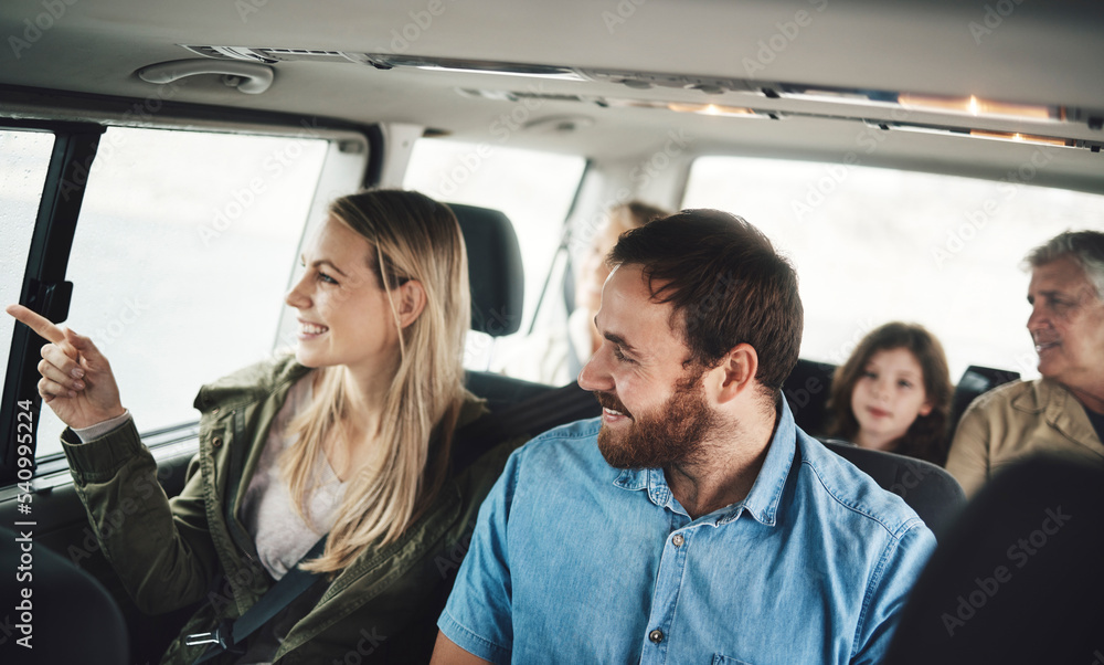 Travel, car and big family on road trip journey together with children and grandparents for transportation, adventure and holiday. Excited, happy and sightseeing people with kid in a van driving Travel, car and big family on road trip journey together with children and grandparents for transportation, adventure and holiday. Excited, happy and sightseeing people with kid in a van driving