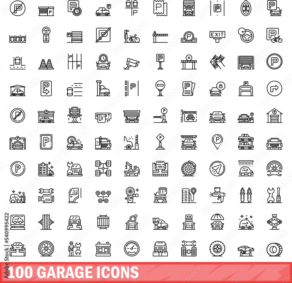100 garage icons set. Outline illustration of 100 garage icons vector set isolated on white background 100 garage icons set. Outline illustration of 100 garage icons vector set isolated on white background