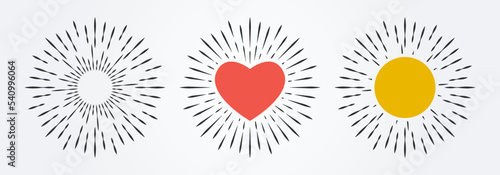 Sunburst, heart, sun icon set. Vintage or retro symbol with rays. Starburst sign. Vector illustration.