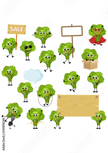 Set of digital elements with cute green broccolis mascot