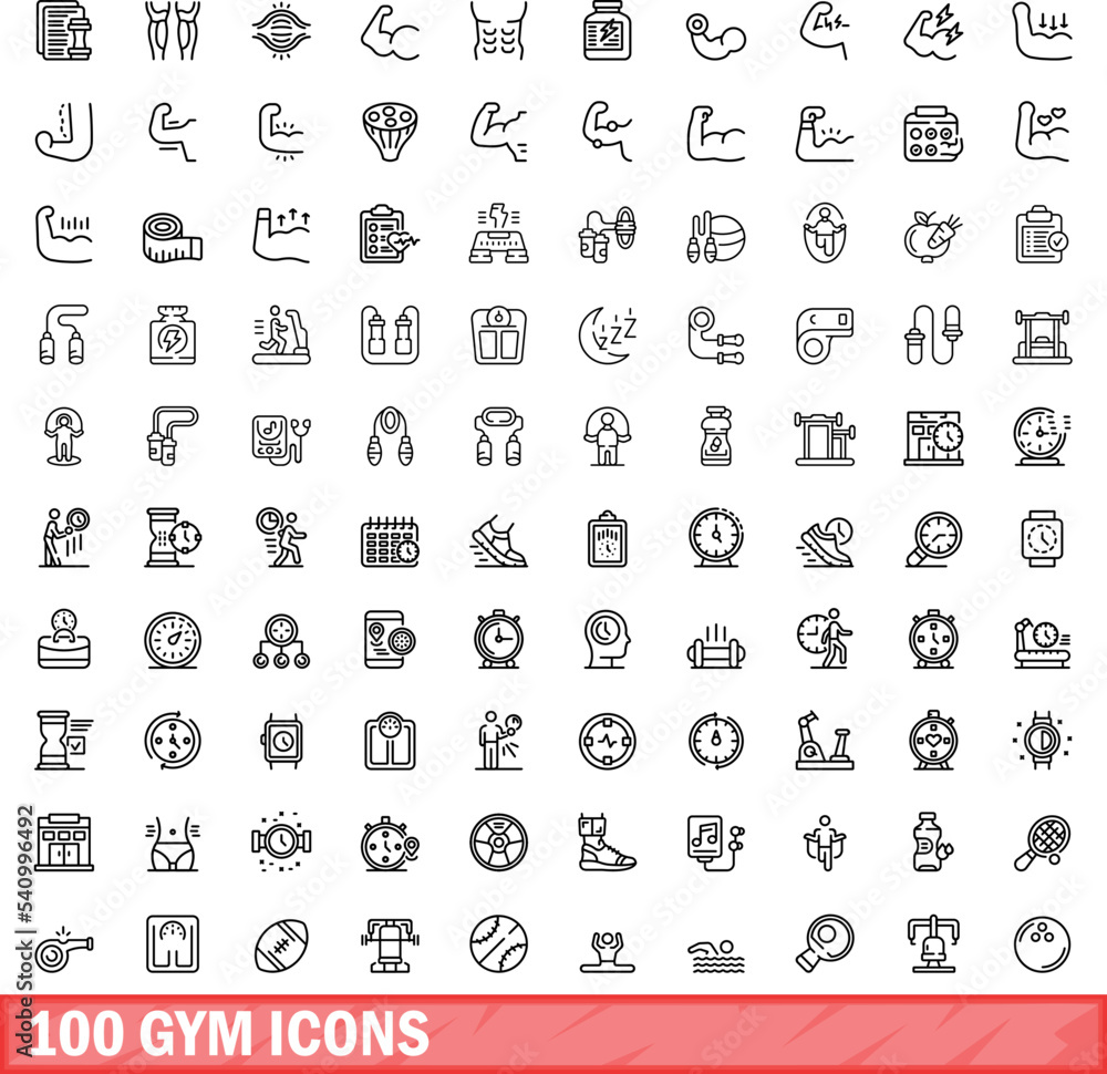 100 gym icons set. Outline illustration of 100 gym icons vector set isolated on white background 100 gym icons set. Outline illustration of 100 gym icons vector set isolated on white background