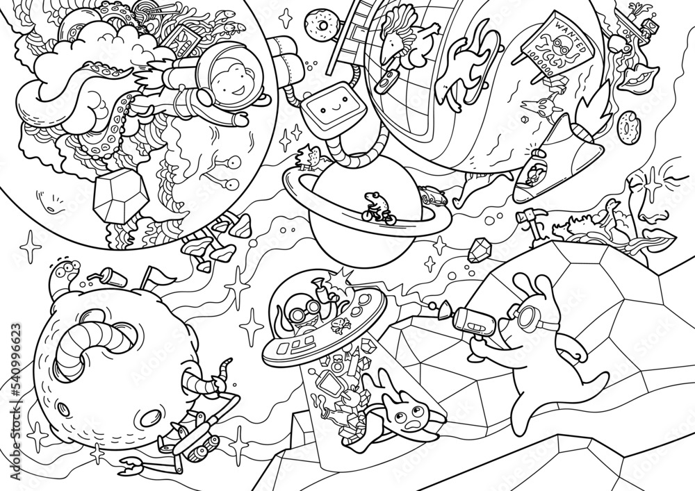 Vector giant coloring page with a space adventure. Contour big