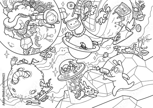 Vector giant coloring page with a space adventure. Contour big illustration with funny cartoon characters in the doodle style for children and adults. A poster with astronauts.