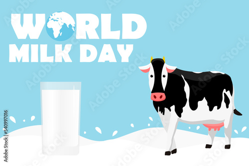 World Milk Day. Cow and milk glass concept. Template for background. Flat design. Vector illustration.
