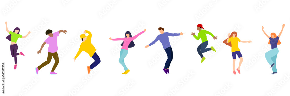 A group of happy young people dancing on isolated white background. Young men and women enjoying a dance party. Exciting music party. Adult friends jumping and dancing. Vector illustration flat style A group of happy young people dancing on isolated white background. Young men and women enjoying a dance party. Exciting music party. Adult friends jumping and dancing. Vector illustration flat style