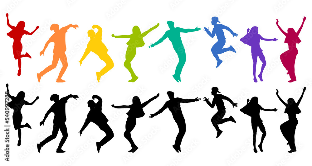 Detailed silhouettes of expressive dance people dancing on an isolated white background. Young men and women enjoying a dance party. Exciting music party. Adult friends jumping and dancing.