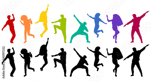 Detailed silhouettes of expressive dance people dancing on an isolated white background. Young men and women enjoying a dance party. Exciting music party. Adult friends jumping and dancing.