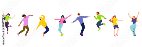 A group of happy young people dancing on isolated white background. Young men and women enjoying a dance party. Exciting music party. Adult friends jumping and dancing. Vector illustration flat style © Apirak