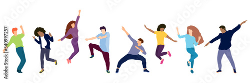 A group of happy young people dancing on isolated white background. Young men and women enjoying a dance party. Exciting music party. Adult friends jumping and dancing. Vector illustration flat style