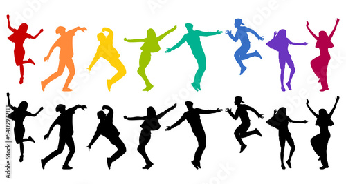 Detailed silhouettes of expressive dance people dancing on an isolated white background. Young men and women enjoying a dance party. Exciting music party. Adult friends jumping and dancing. © Apirak