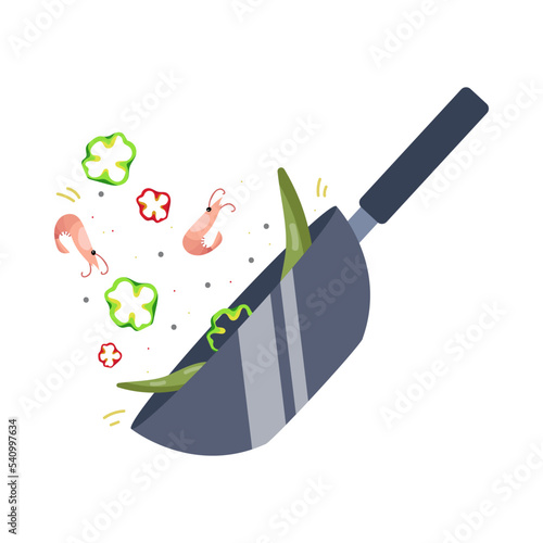 Frying pan with shrimps and peppers in air cartoon illustration. Salad making process isolated on white background. Restaurant, culinary, dinner concept