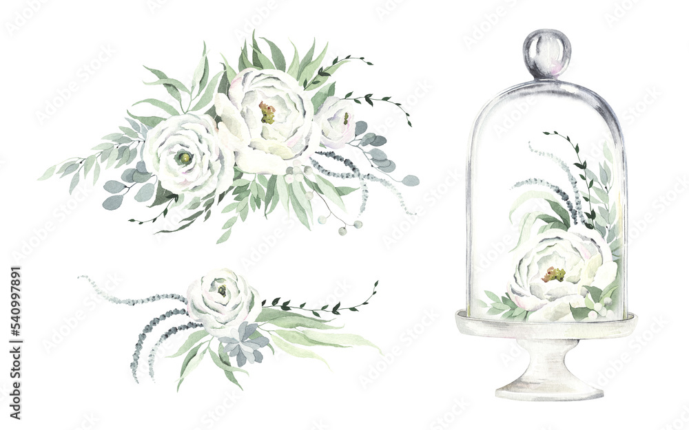 custom made wallpaper toronto digitalSet of floral decorations with delicate white roses and green leaves, flower under a glass cap, collection watercolor isolated ornaments in provence style for invitation or greeting cards.