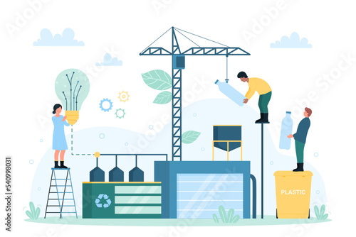 Waste recycling bio technology, electricity, energy production vector illustration. Cartoon tiny people put plastic bottle with construction crane into funnel of recycling factory, holding light bulb