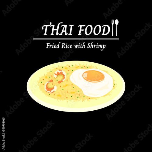 Thai food, shrimp fried rice, and fried egg on plate on black background. Vector illustration