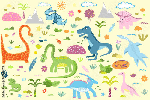 A set of cute dinosaurs of different types and poses with decorative elements. prehistoric world © _Ligrenok