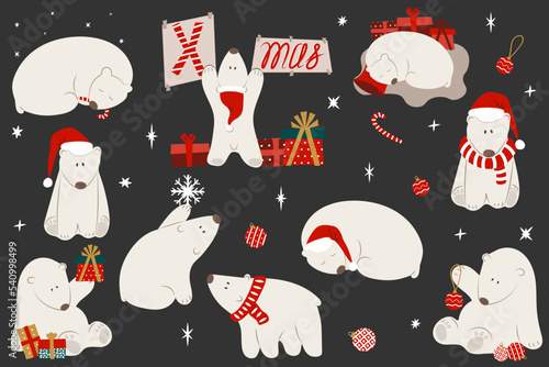 Set of cute funny christmas polar bears in different poses with decorative elements. New year holiday stickers, clipart, design