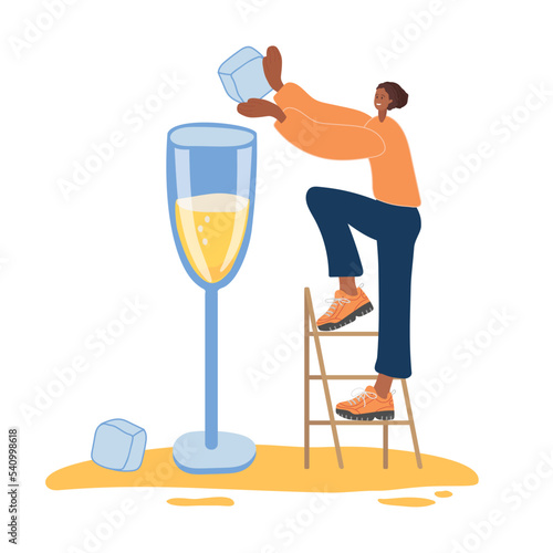 Tiny woman standing on stepladder and putting ice cube in champagne glass. Preparation for holiday with alcohol, cold drinks. Flat vector illustration For cafe menu, store. Character does Cold Drink