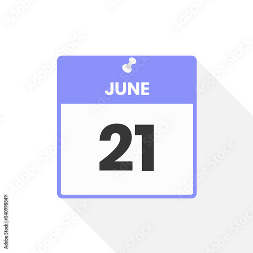June 21 calendar icon. Date, Month calendar icon vector illustration