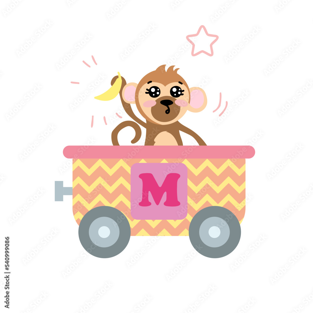 Fototapeta premium Alphabet train carriage with monkey and letter m. Vector illustration of abc for preschool children learning English letters. Cartoon funny monkey sitting in vehicle isolated on white. Education, game