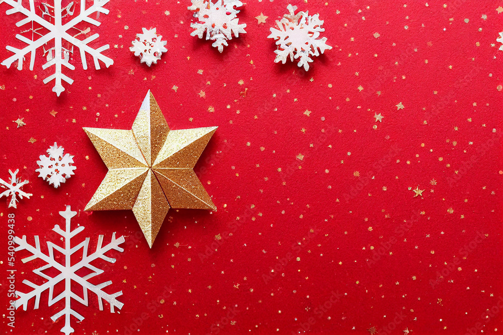 Christmas copy space, place holder, banner. Winter ornaments on red background Christmas copy space, place holder, banner. Winter ornaments on red background