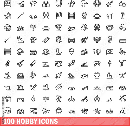 100 hobby icons set. Outline illustration of 100 hobby icons vector set isolated on white background