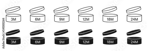 Pao vector icons of cosmetic open month life shelf. Expiration period months PAO symbols set.