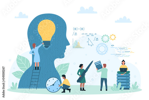 AI futuristic technology, machine learning vector illustration. Cartoon tiny people repair light bulb in brain of abstract head with circuits inside, training tech mind, ideas and imagination