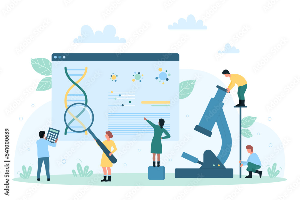 Genetic scientific research and study vector illustration. Cartoon tiny people looking through magnifying glass at DNA, scientists using lab microscope for genes, molecules and chromosome analysis