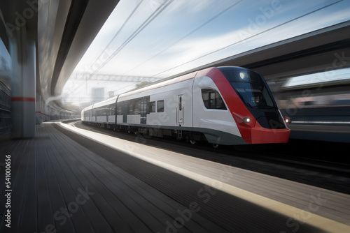 City train drive on railroad at the platform train station. Motion blur effect transportation background in sunny day