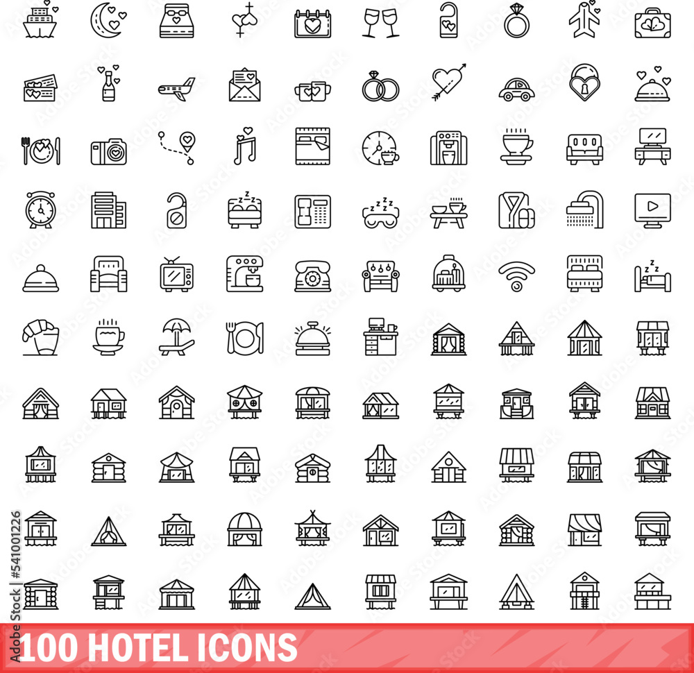 100 hotel icons set. Outline illustration of 100 hotel icons vector set isolated on white background 100 hotel icons set. Outline illustration of 100 hotel icons vector set isolated on white background