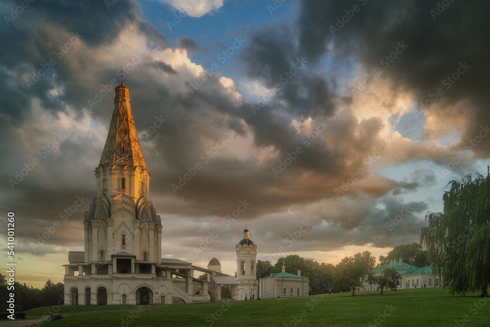 Church of the Ascension in Kolomenskoye Park at sunset. Moscow, Russia. Famous place and tourist attraction