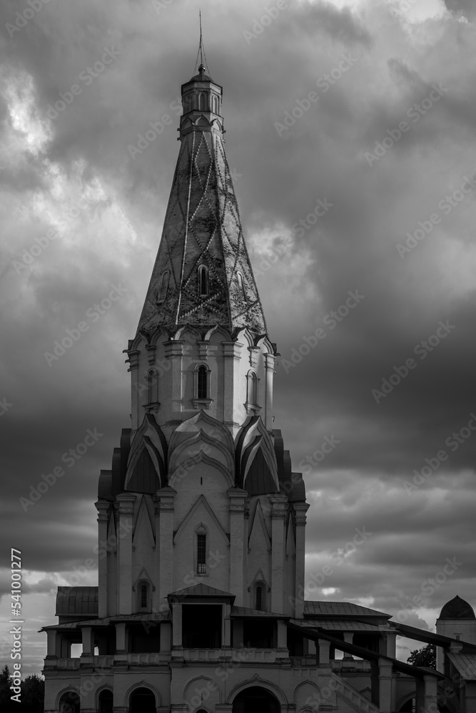Church of the Ascension in Kolomenskoye Park at sunset. Moscow, Russia. Famous place and tourist attraction. Black and white toned