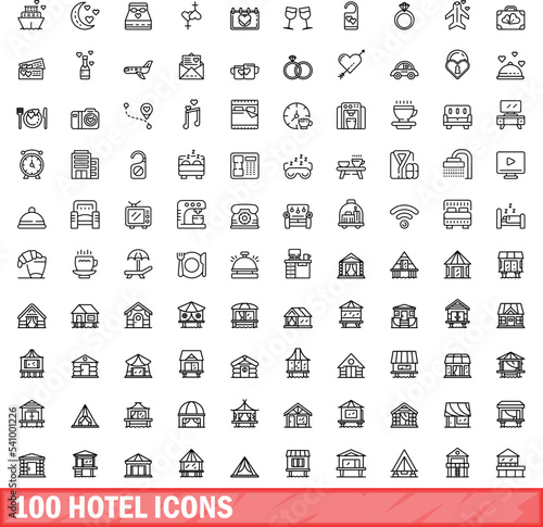 100 hotel icons set. Outline illustration of 100 hotel icons vector set isolated on white background